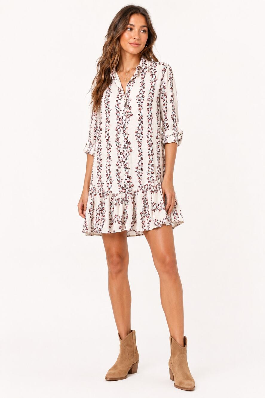 Free People Floral Button Front Mini Shirt Dress Tunic Ruffle Hem Small